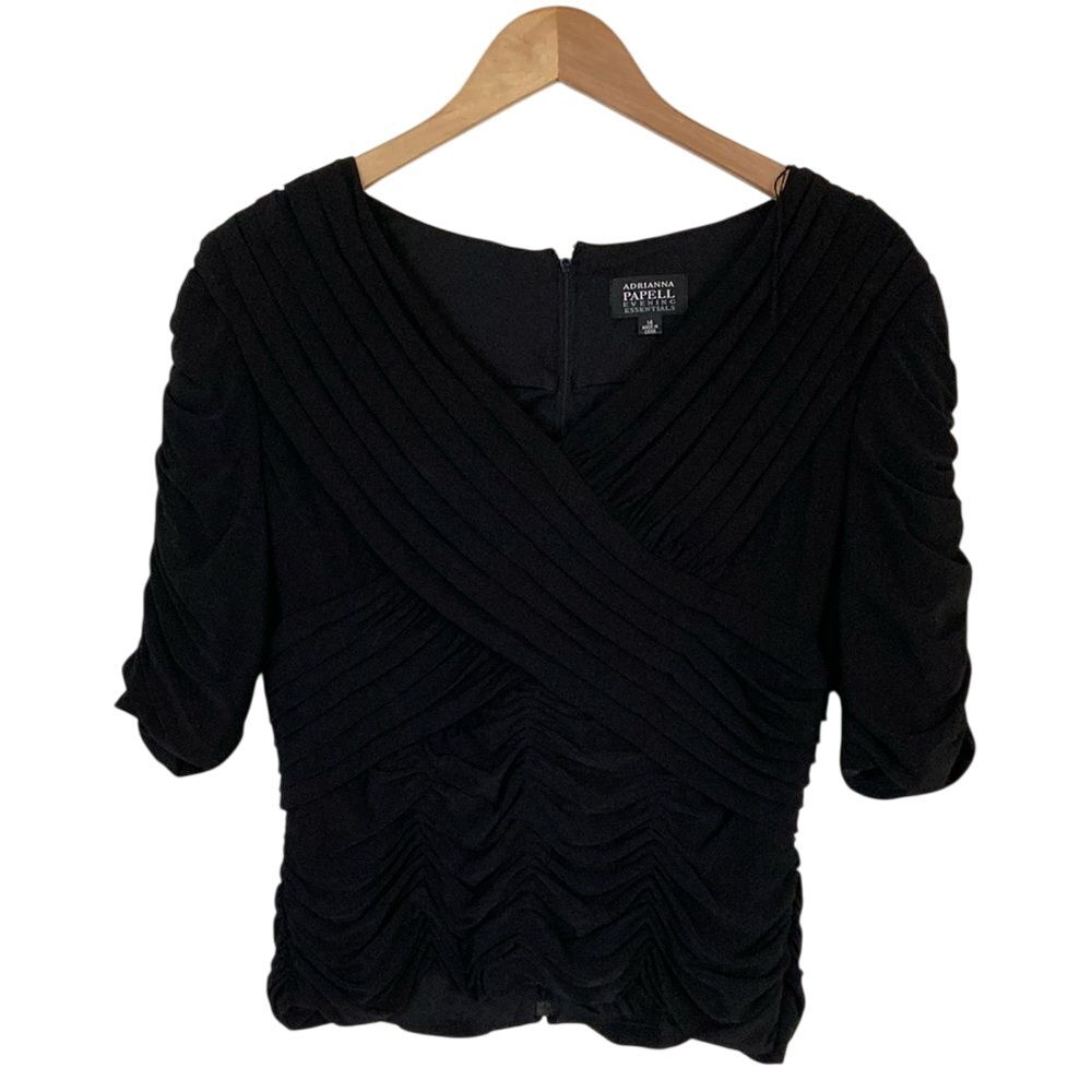 Adrianna Papell Womens Evening‎ Essentials Blouse Size 14 Black Ruched V Neck